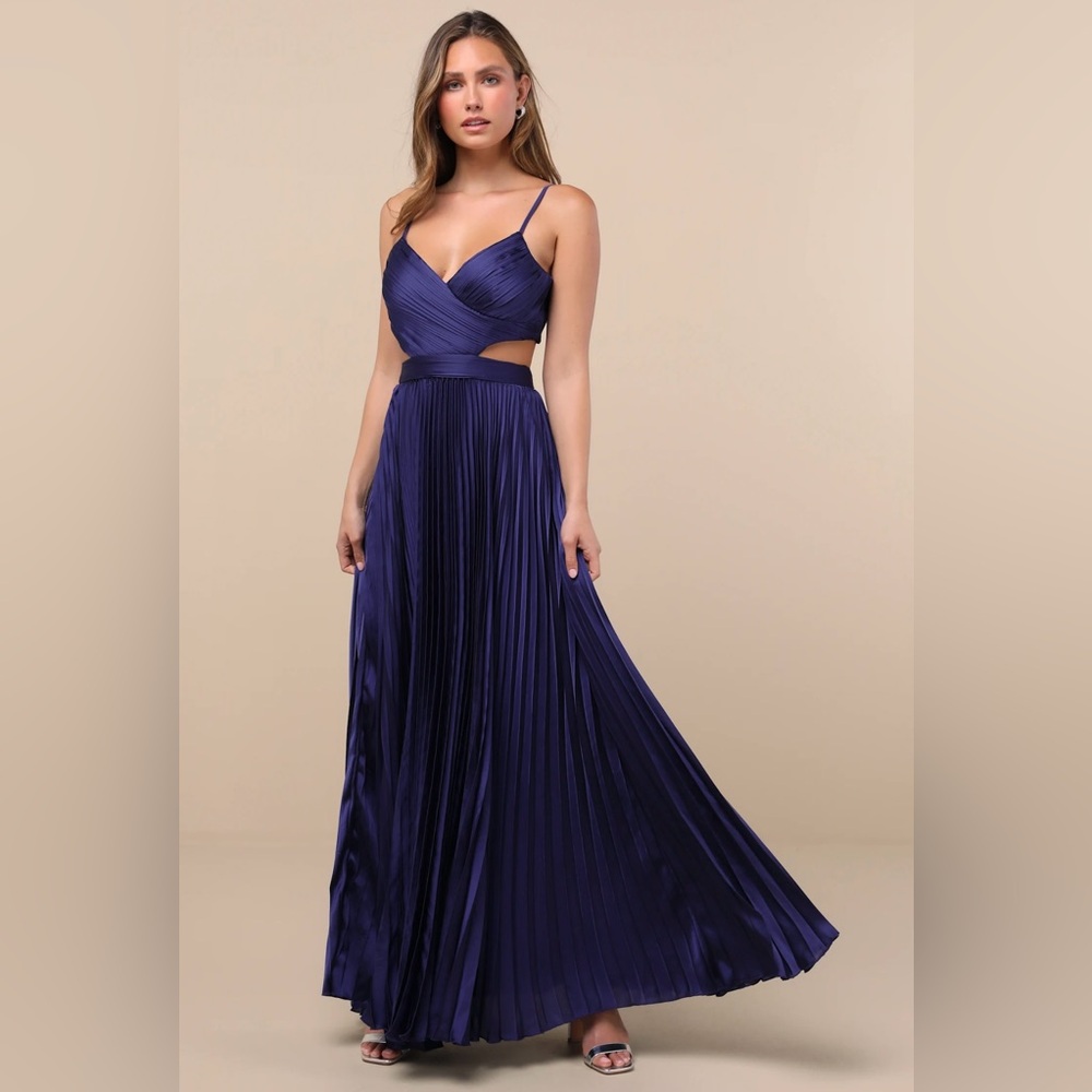 Lulus Got the Glam Navy Blue Pleated Cutout Maxi Dress